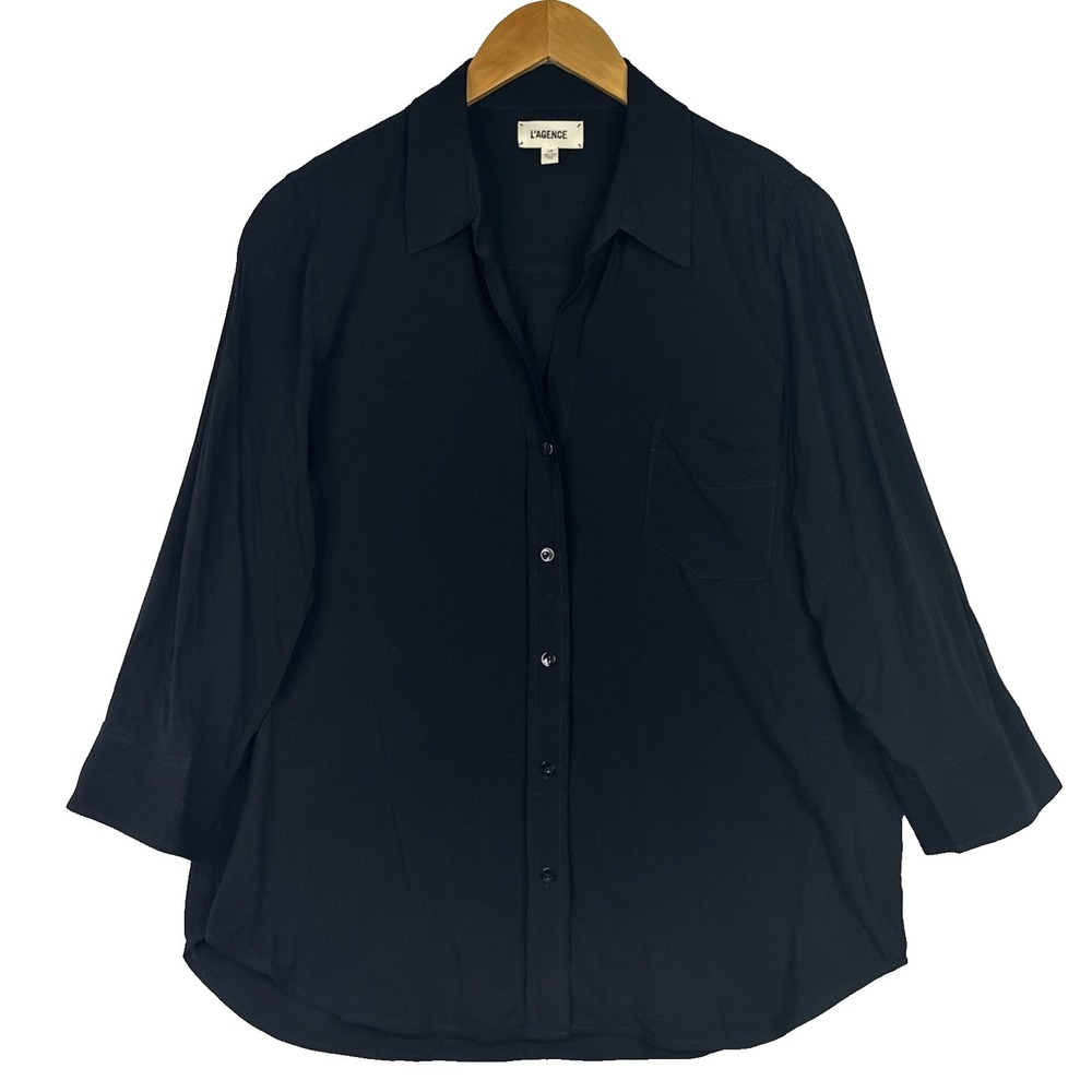 L'AGENCE Button Down Blouse Black Viscose 3/4 Sleeve Relaxed Shirt Size L/G